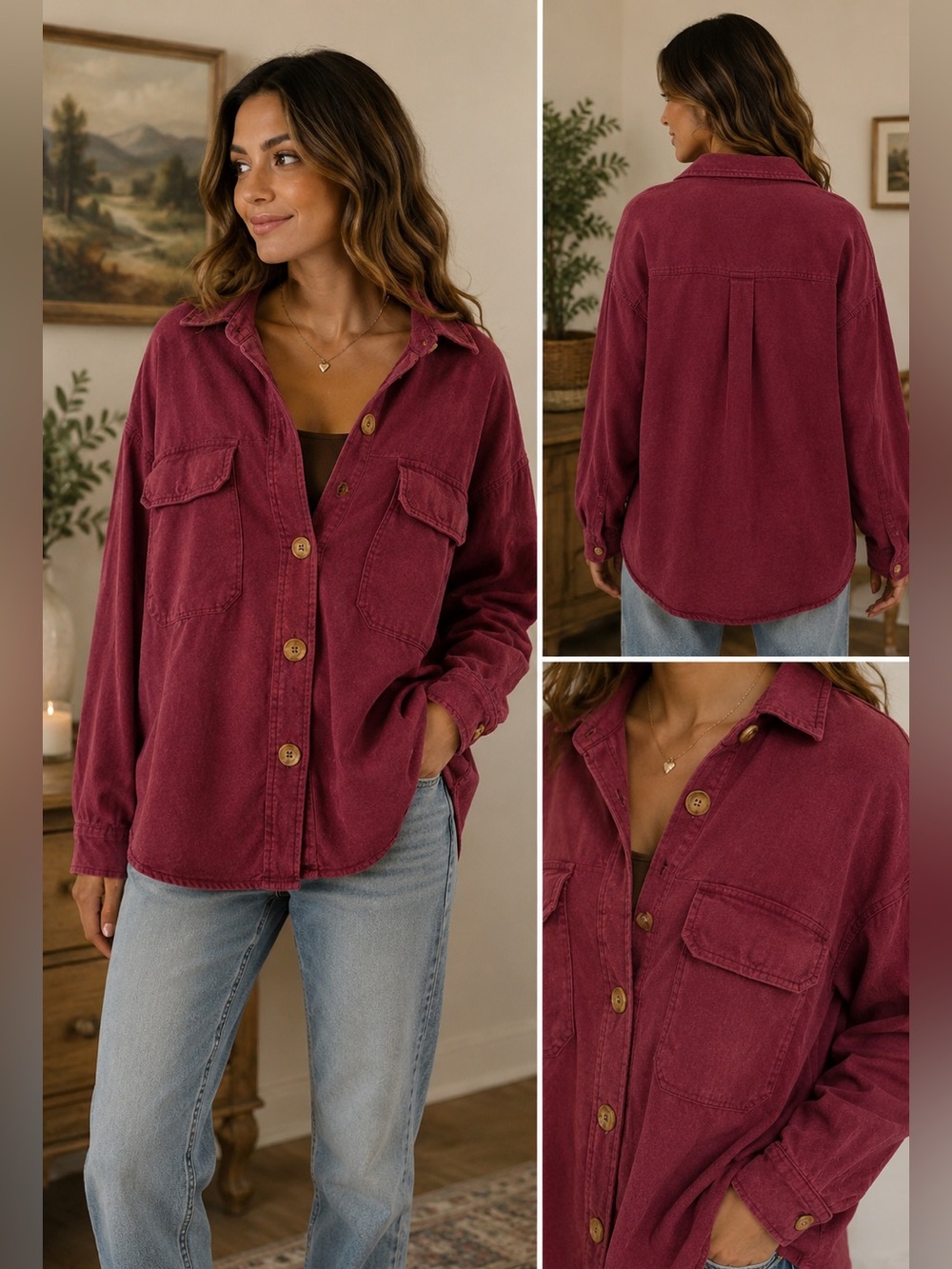 Fantastic Fawn Cranberry long sleeve button up Size Large